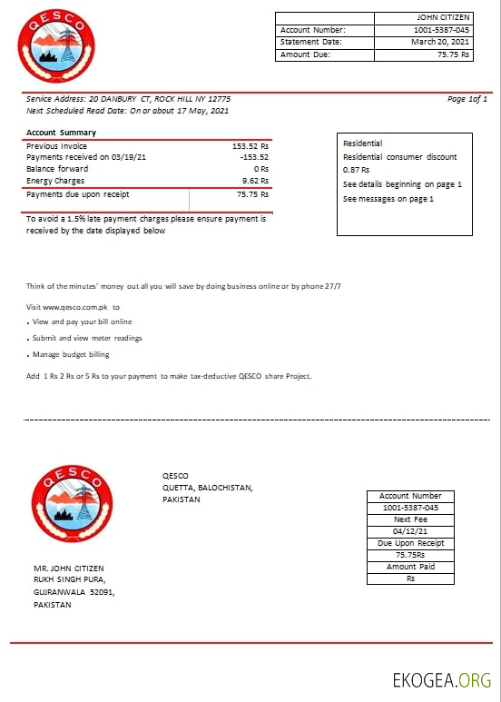 Pakistan Quetta Electric Supply Company electricity utility bill template in Word and PDF format